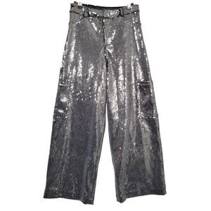 WEISSMAN Silver Sequin Wide Leg High Rise Cargo Dance Pants Stage SIZE XSA
